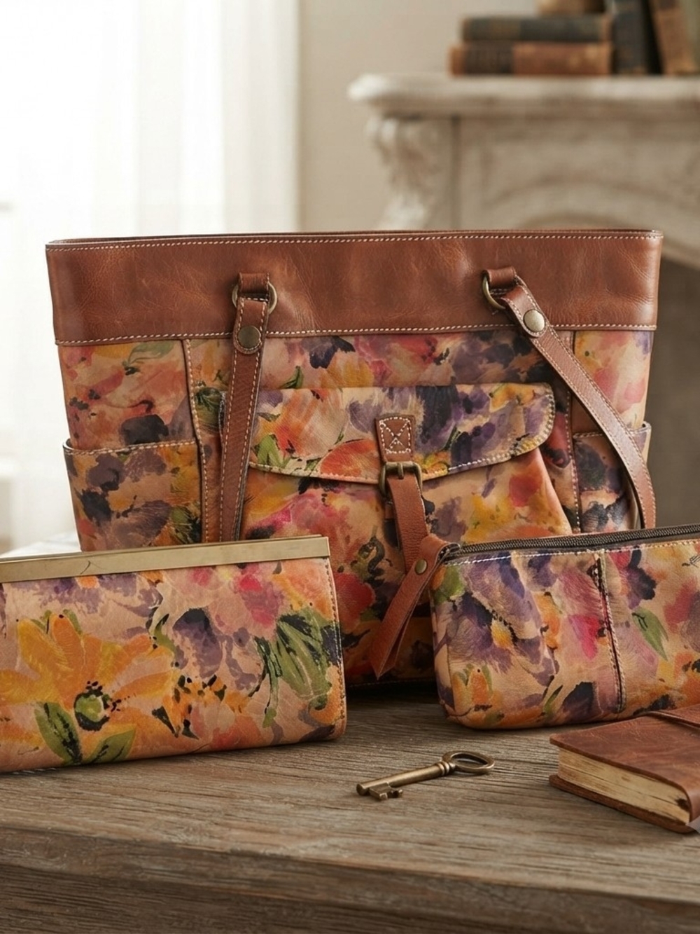 Patricia Nash Leather Floral Tote Bag, Wallet & Make Up Bag Set
